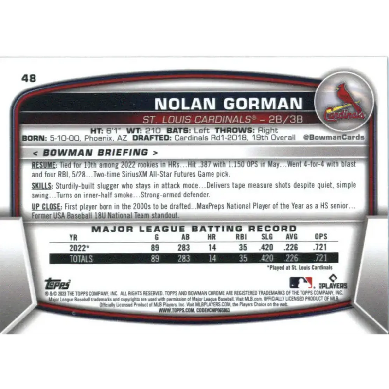 2023 Bowman Chrome #48 Nolan Gorman NM-MT RC Rookie St. Louis Cardinals Baseball Card - Baseball Card Single