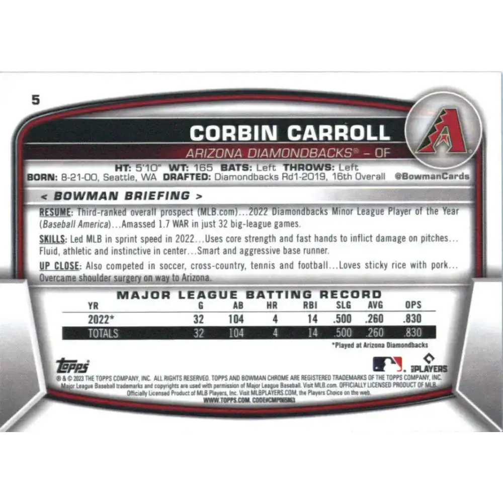2023 Bowman Chrome #5 Corbin Carroll NM-MT RC Rookie Arizona Diamondbacks Baseball Card - Baseball Card Single
