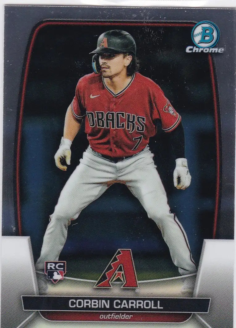 Corbin Carroll RC Arizona Diamondbacks player card in red jersey and gray pants