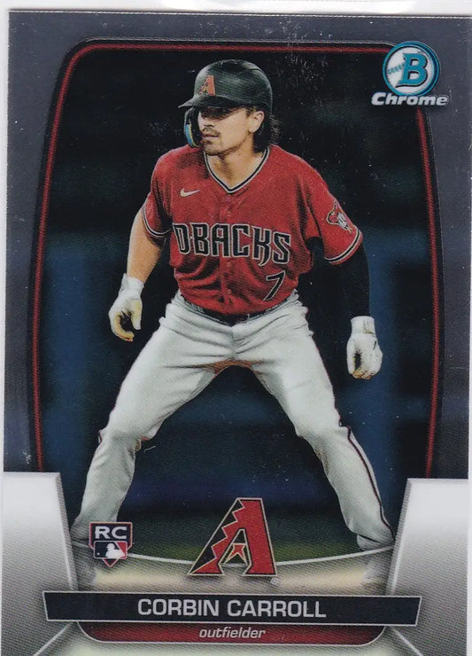Corbin Carroll RC Arizona Diamondbacks player card in red jersey and gray pants