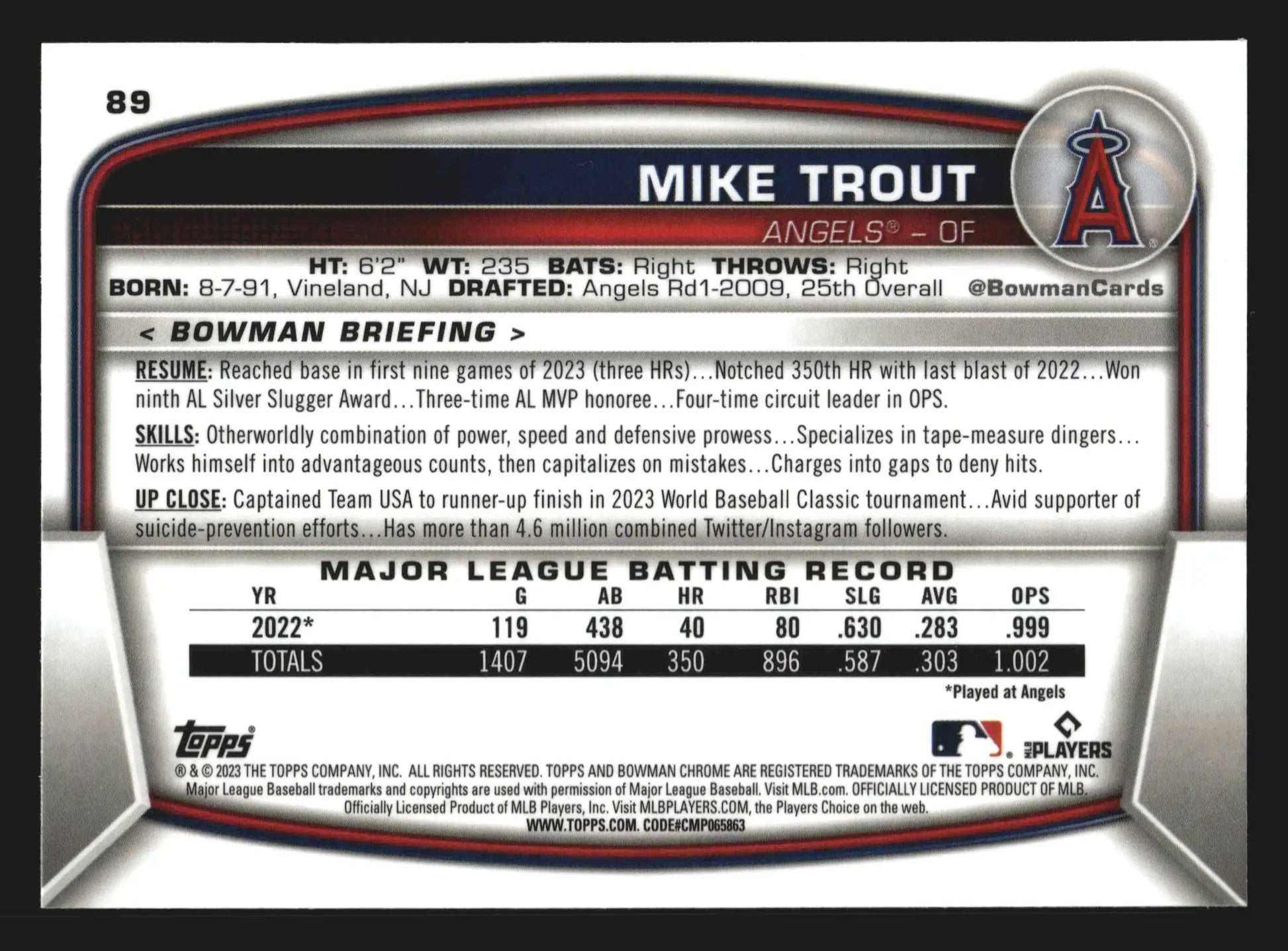 2023 Bowman Chrome #89 Mike Trout Los Angeles Angels