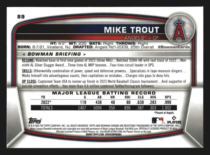 2023 Bowman Chrome #89 Mike Trout Los Angeles Angels