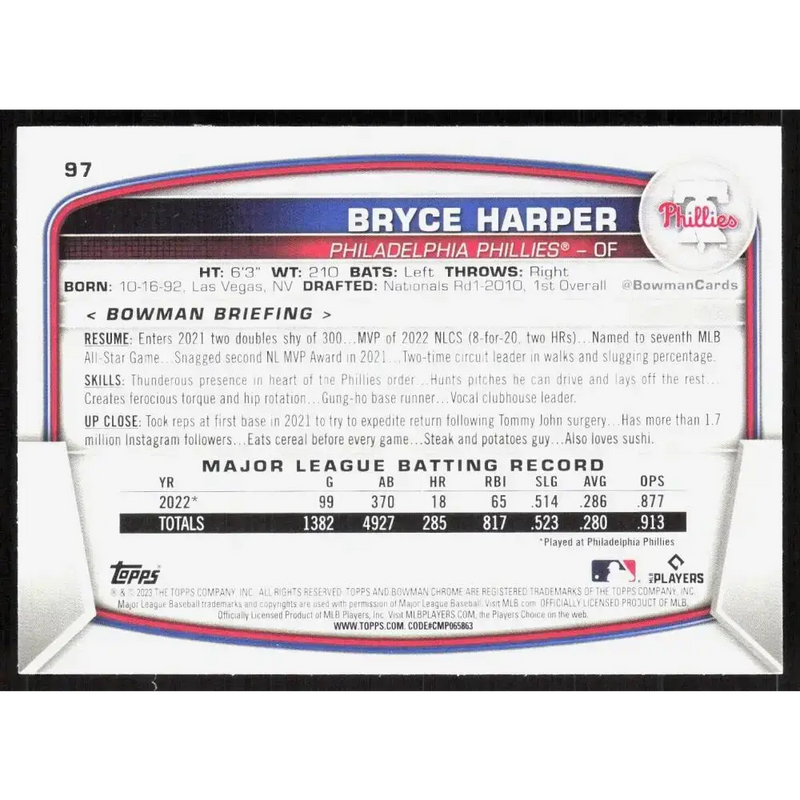 2023 Bowman Chrome #97 Bryce Harper NM-MT Philadelphia Phillies Baseball Card - Baseball Card Single