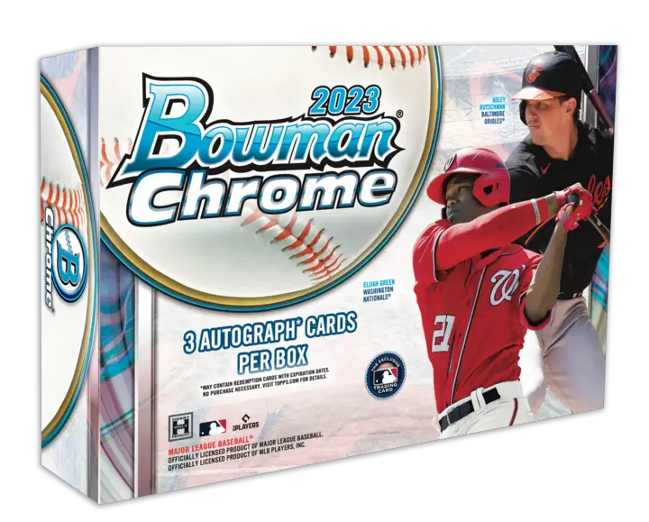 2023 Bowman Chrome Baseball Hobby HTA Box featuring player image and trading cards