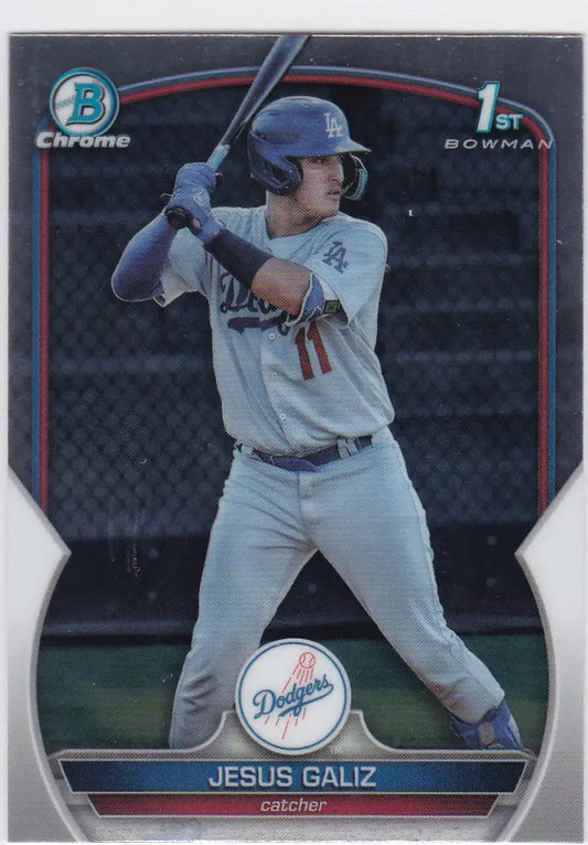 Baseball card of Jesus Galiz in batting stance, Los Angeles Dodgers, Bowman Chrome