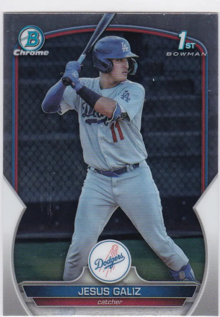 Baseball card of Jesus Galiz in batting stance, Los Angeles Dodgers, Bowman Chrome