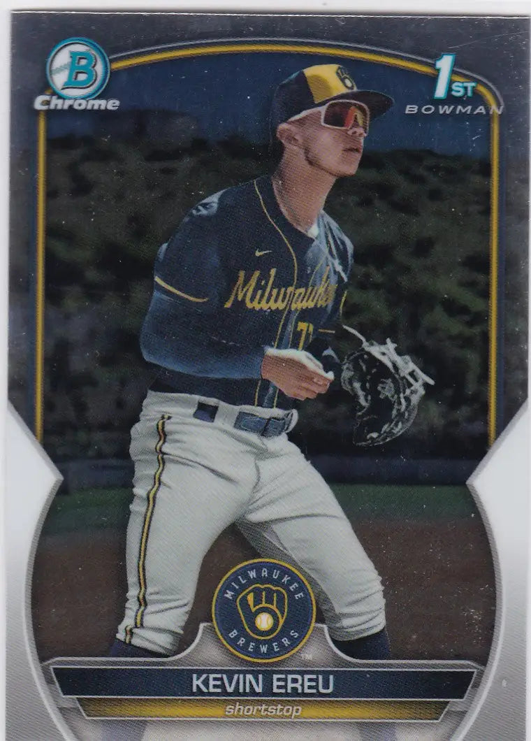 Baseball card of Kevin Ereu 1st Bowman, Milwaukee Brewers in navy and white uniform