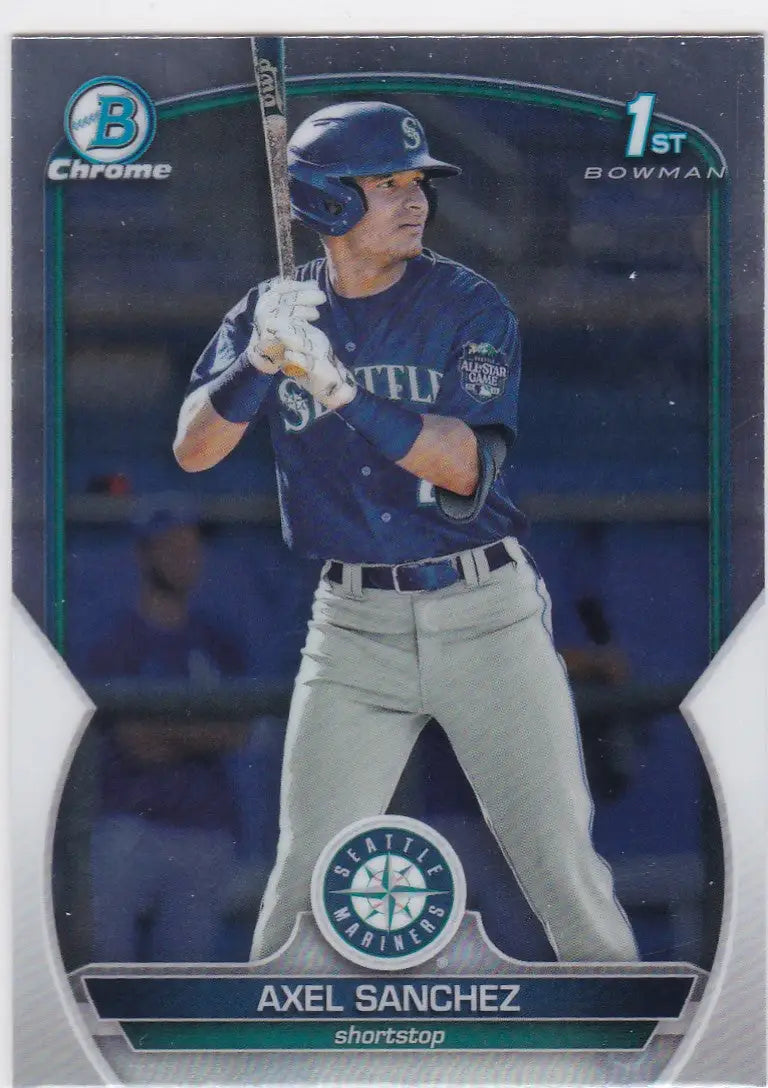 Baseball card of Axel Sanchez in batting stance, featuring 1st Bowman Mariners design