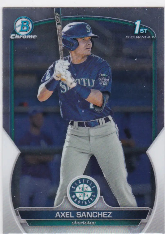 Baseball card of Axel Sanchez in batting stance, featuring 1st Bowman Mariners design