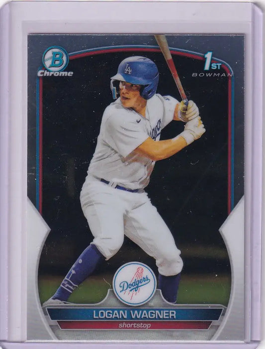 Baseball card showing BCP36 Logan Wagner in batting stance for Los Angeles Dodgers