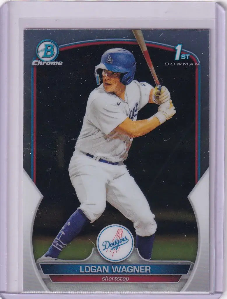 Baseball card showing BCP36 Logan Wagner in batting stance for Los Angeles Dodgers