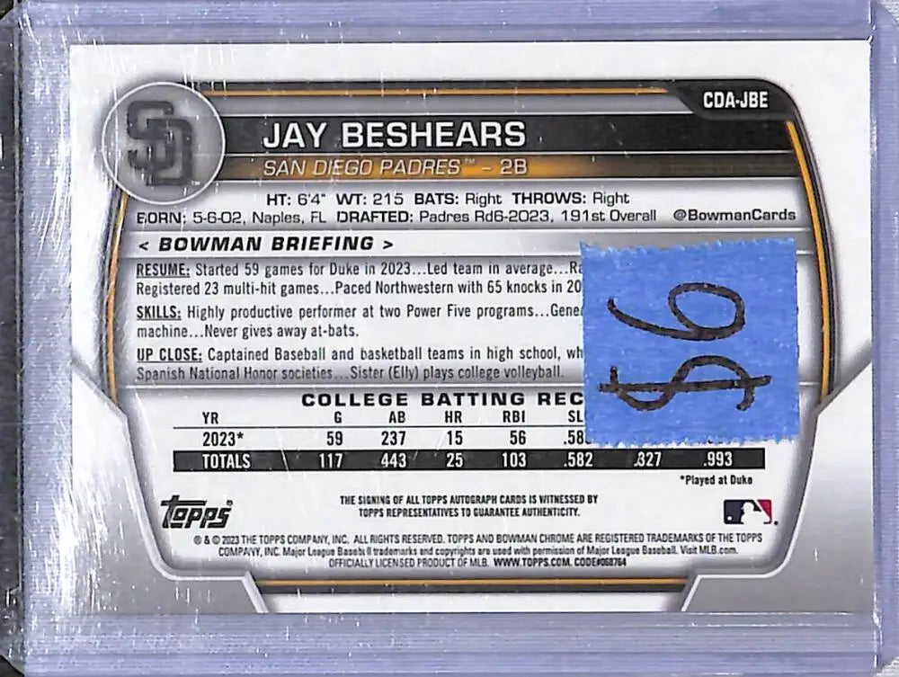 2023 Bowman Chrome #CDA-JBE Jay Beshears NM-MT RC Rookie Auto San Diego Padres