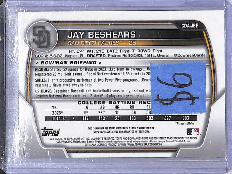 2023 Bowman Chrome #CDA-JBE Jay Beshears NM-MT RC Rookie Auto San Diego Padres