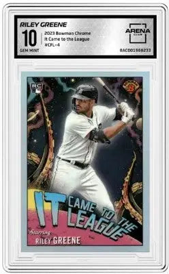 Baseball trading card of Riley Greene from Bowman Chrome Arena Club graded Gem Mint 10