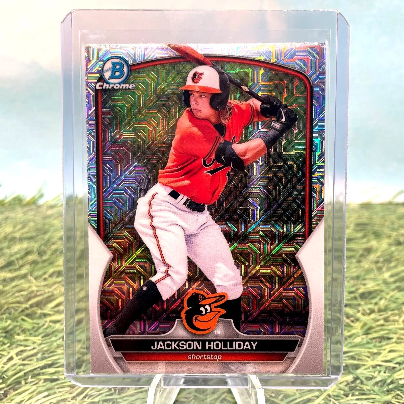 Jackson Holliday baseball card from 2023 Bowman Chrome Mojo Refractor for Baltimore Orioles