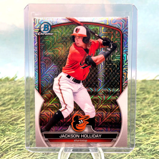 Jackson Holliday baseball card from 2023 Bowman Chrome Mojo Refractor for Baltimore Orioles
