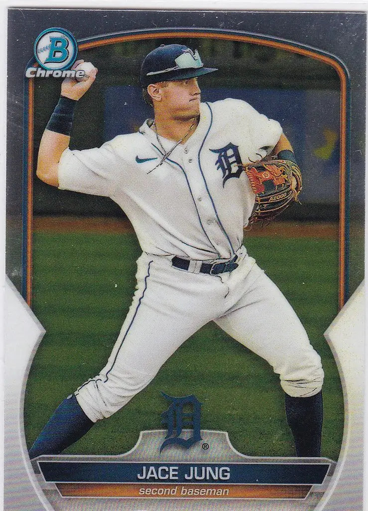Baseball card of Jace Jung in mid-throw for Bowman Chrome Prospect, Detroit Tigers