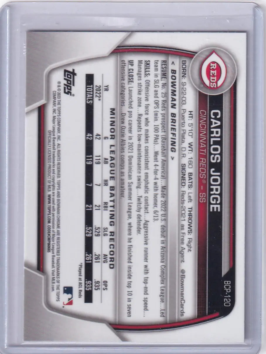 2023 Bowman Chrome Prospects #BCP-120 Carlos Jorge - Reds - Baseball Card Single