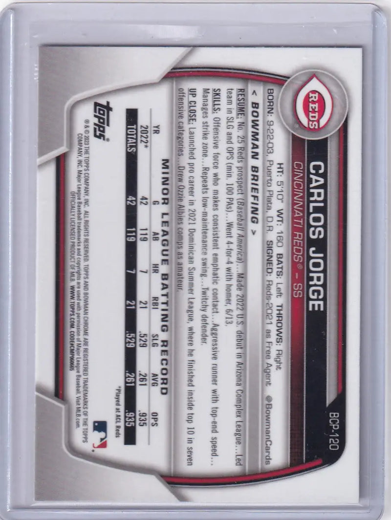 2023 Bowman Chrome Prospects #BCP-120 Carlos Jorge - Reds - Baseball Card Single