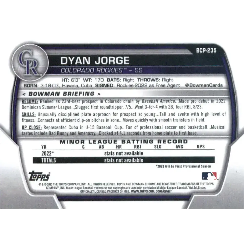 2023 Bowman Chrome Prospects #BCP-235 Dyan Jorge NM-MT Colorado Rockies Baseball Card - Baseball Card Single
