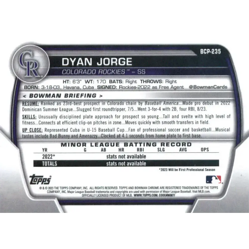 2023 Bowman Chrome Prospects #BCP-235 Dyan Jorge NM-MT Colorado Rockies Baseball Card - Baseball Card Single