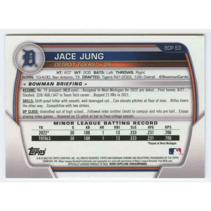 2023 Bowman Chrome Prospects #BCP-53 Jace Jung NM-MT Detroit Tigers Baseball Card - Baseball Card Single