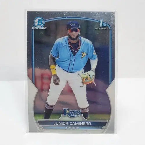 Baseball trading card of Junior Caminero 1st Bowman Chrome rookie card from Bowman Chrome Prospects