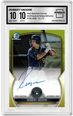 2023 Bowman Chrome Robert Moore #CPA-RME Yellow Refractor Auto 57/75 AC 10 - Baseball Card Single