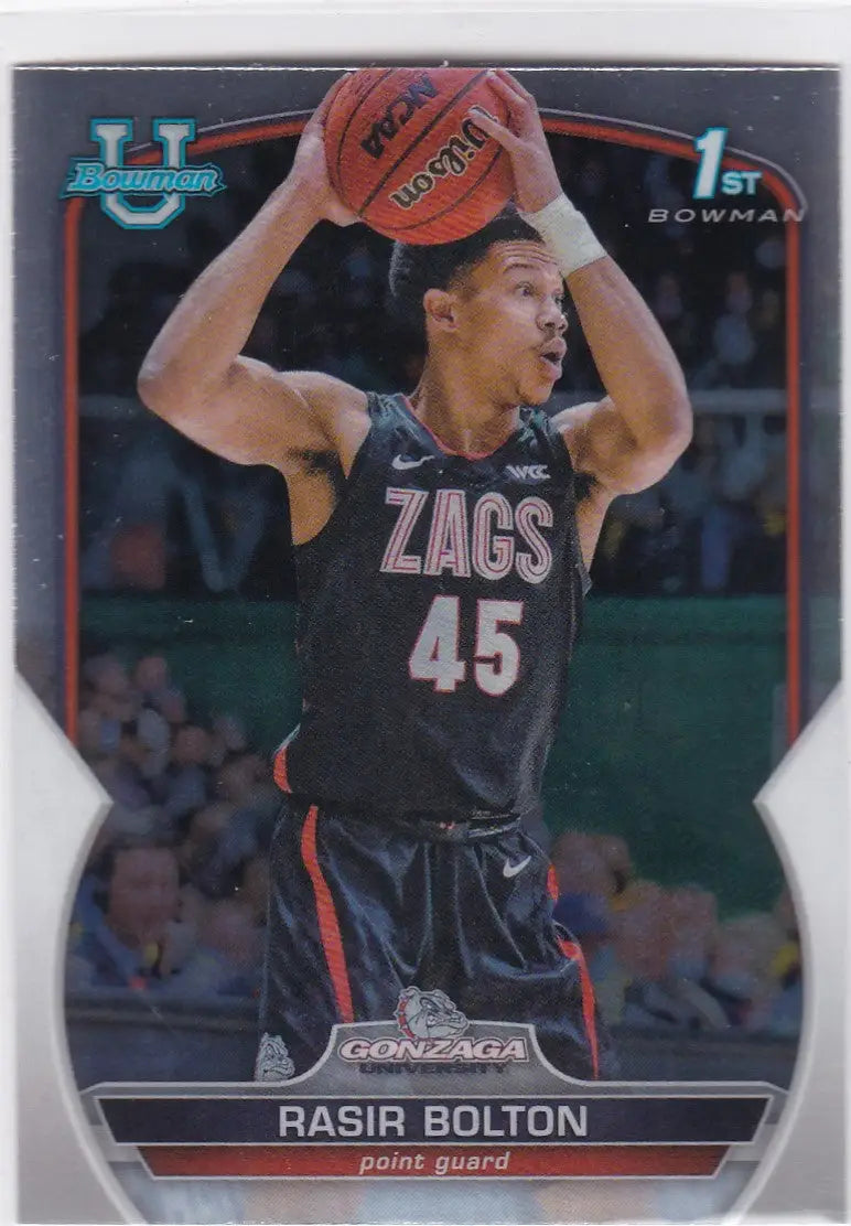 Basketball trading card of Rasir Bolton in Gonzaga jersey 45, 2023 Bowman Chrome University