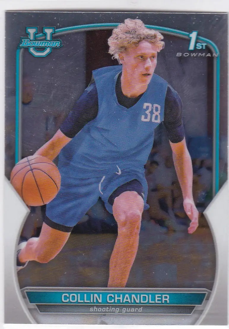 Basketball trading card of Collin Chandler in blue uniform for Bowman Chrome University