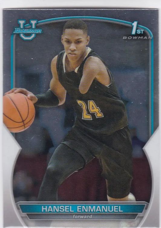 Basketball trading card of Hansel Enmanuel dribbling in a black jersey, Bowman Chrome University