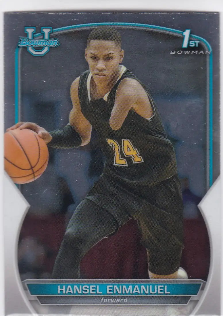 Basketball trading card of Hansel Enmanuel dribbling in a black jersey, Bowman Chrome University
