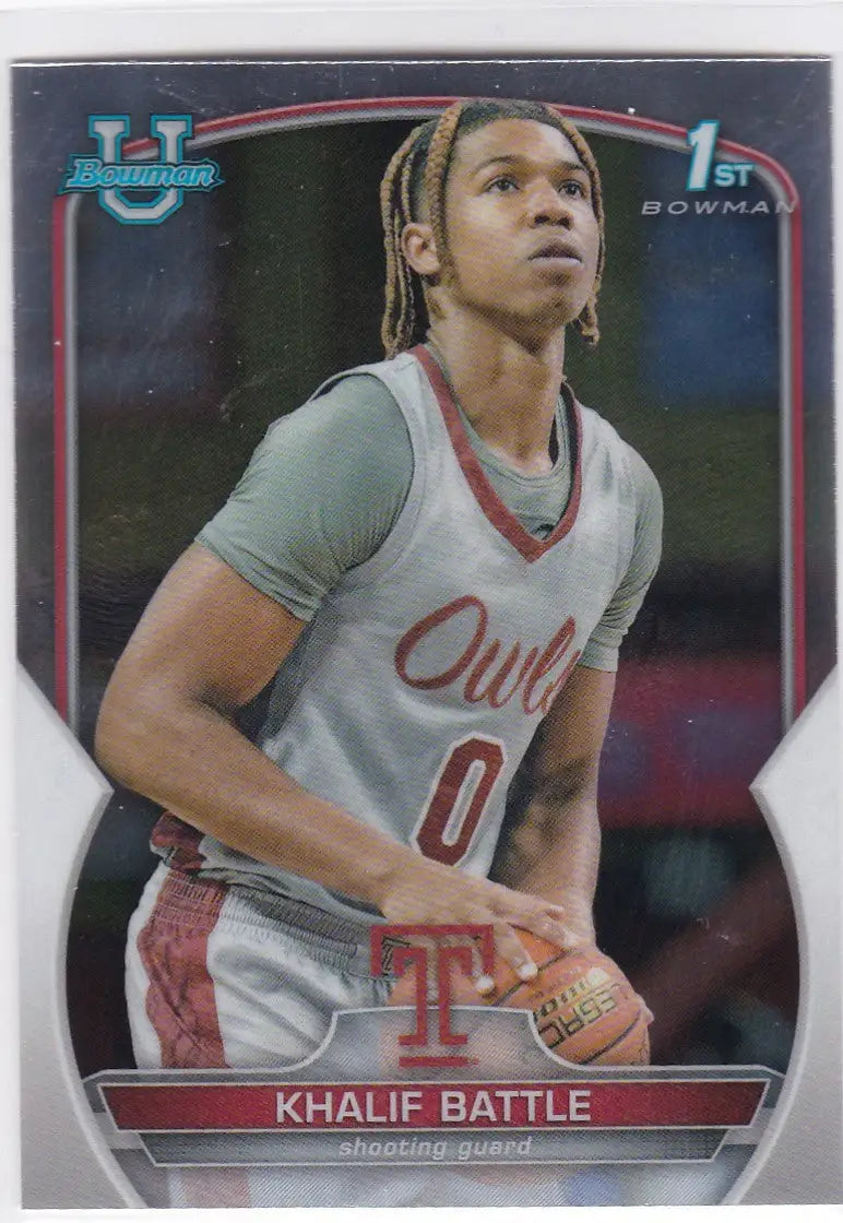 Basketball trading card of Khalif Battle in gray Owls jersey, 2023 Bowman Chrome University
