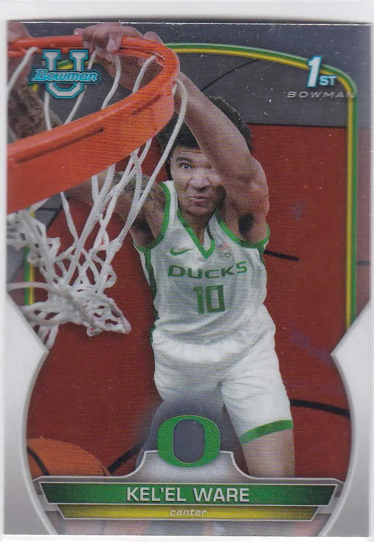 Basketball trading card of Kel’el Ware dunking in a white Bucks jersey, 1st Bowman Oregon