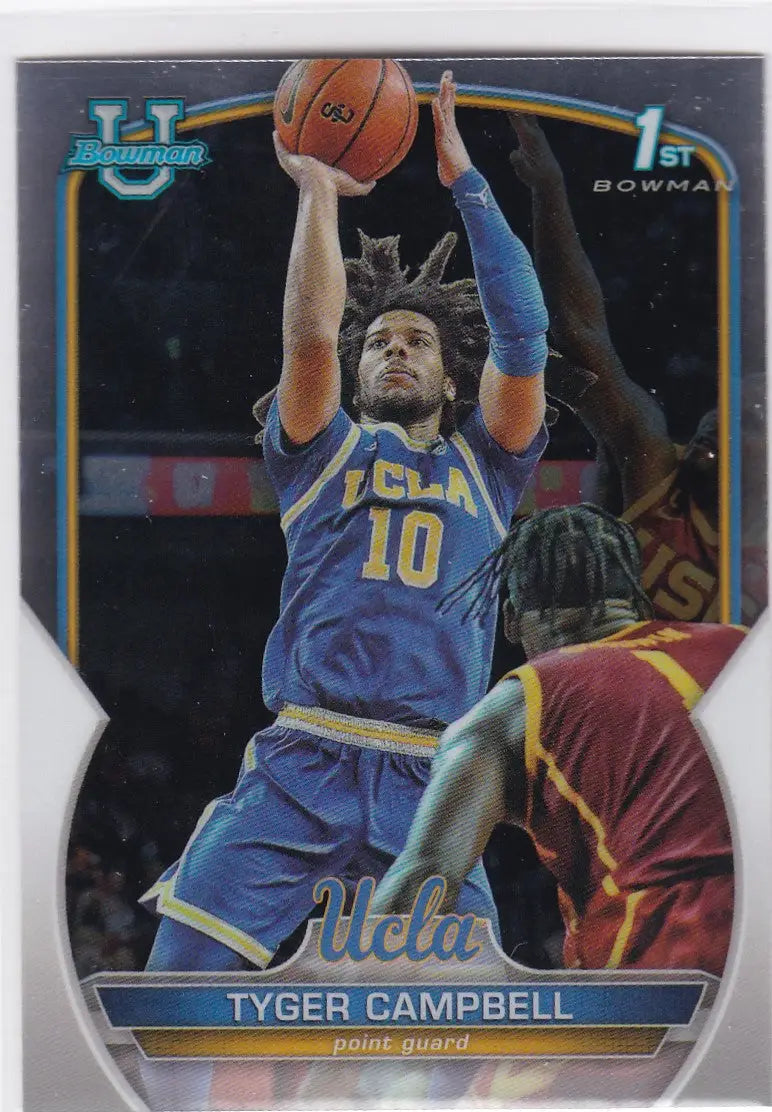 Basketball trading card of Tyger Campbell in blue uniform from Bowman Chrome University