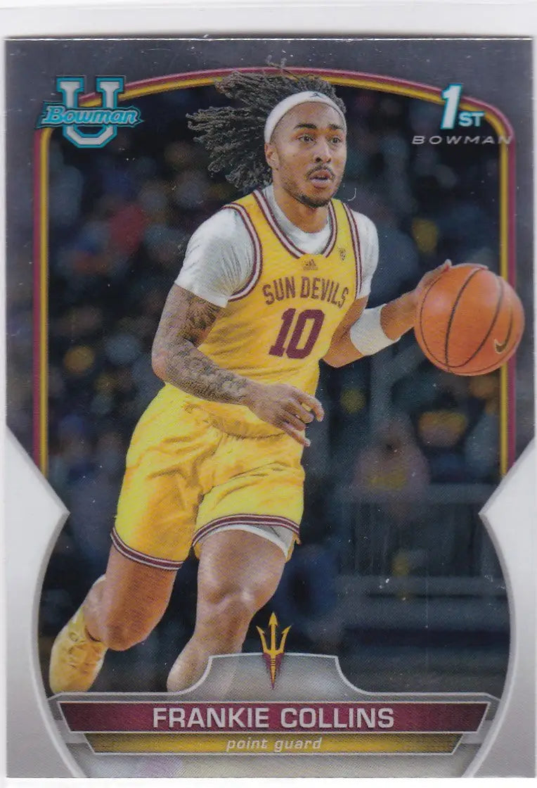 Basketball trading card of Frankie Collins in yellow Sun Devils jersey dribbling ball