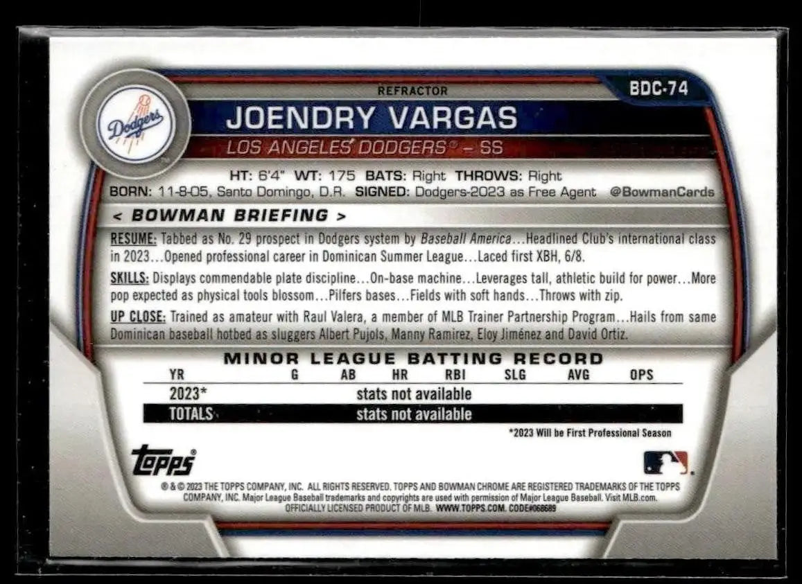 2023 Bowman Draft #BDC-74 Joendry Vargas Chrome Refractor - Baseball Card Single