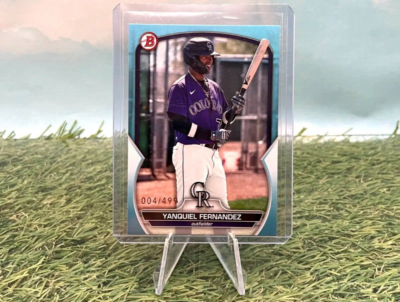 Yanquiel Fernandez baseball card from 2023 Bowman Draft, Sky Blue edition for Colorado Rockies