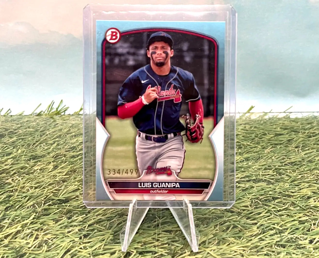 Luis Guanipa baseball card from 2023 Bowman Draft Sky Blue, #334/499, Atlanta Braves