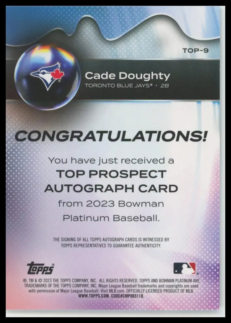 2023 Bowman Platinum - Top Prospect Cade Doughty TOP-9 Auto Toronto Blue Jays NM - Baseball Card Single