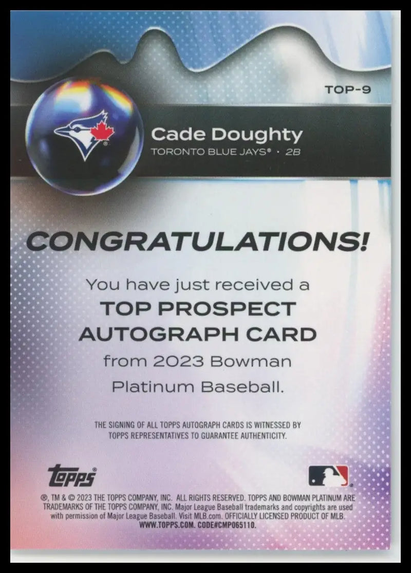 2023 Bowman Platinum - Top Prospect Cade Doughty TOP-9 Auto Toronto Blue Jays NM - Baseball Card Single