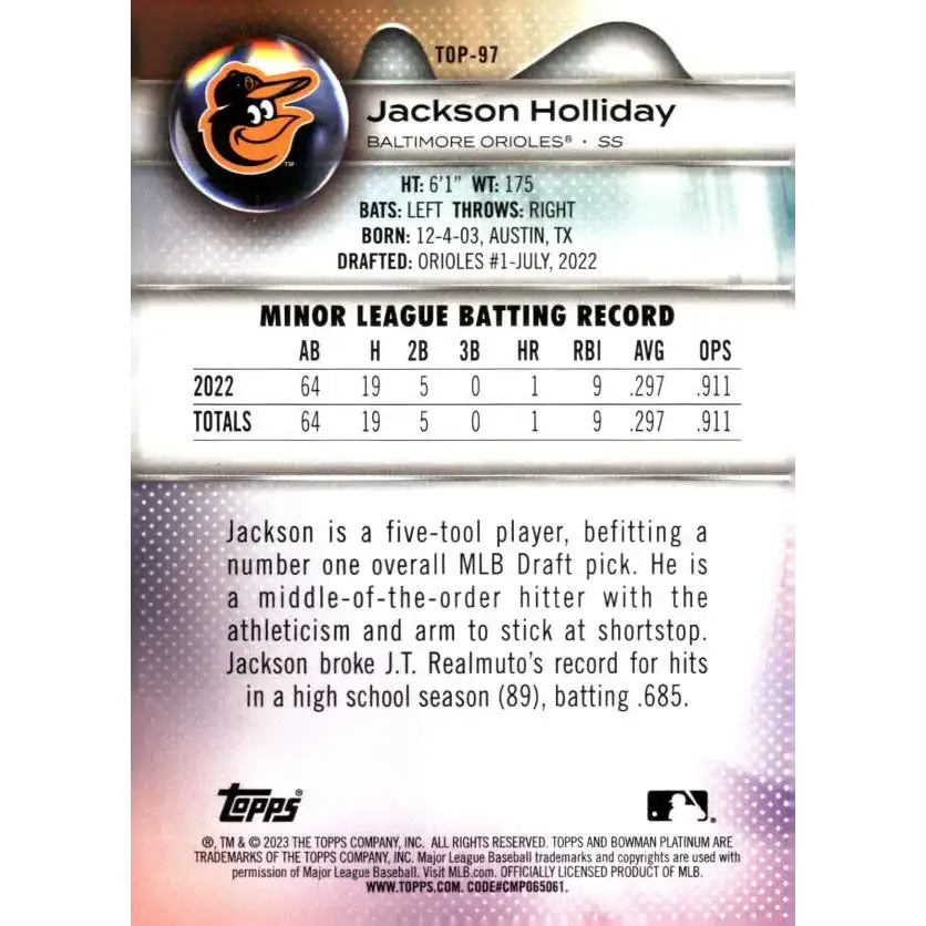 2023 Bowman Platinum Top Prospects #TOP-97 Jackson Holliday NM-MT Baltimore Orioles Baseball Card - Baseball Card Single