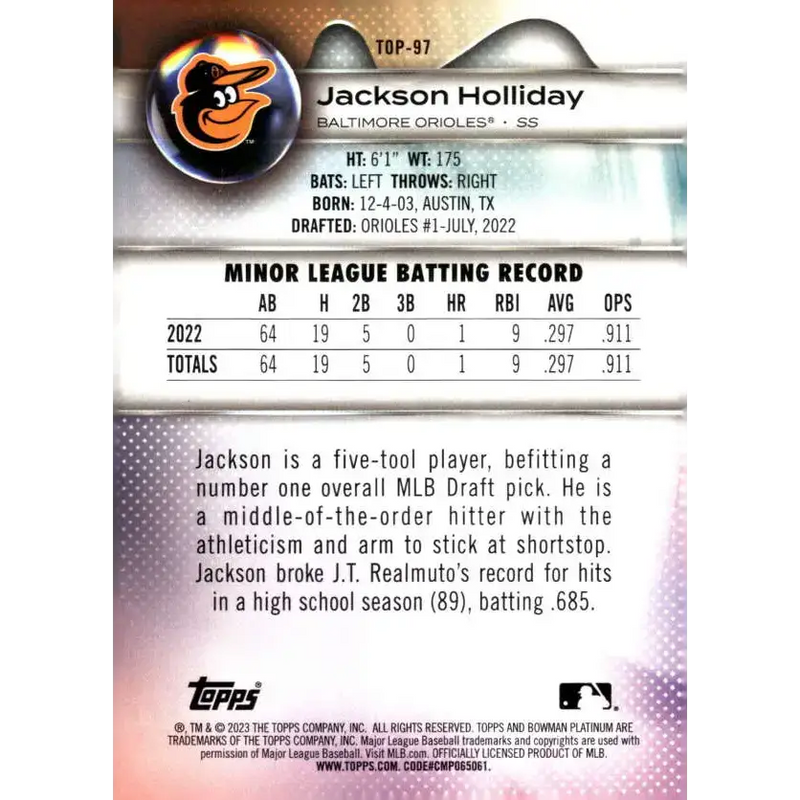 2023 Bowman Platinum Top Prospects #TOP-97 Jackson Holliday NM-MT Baltimore Orioles Baseball Card - Baseball Card Single