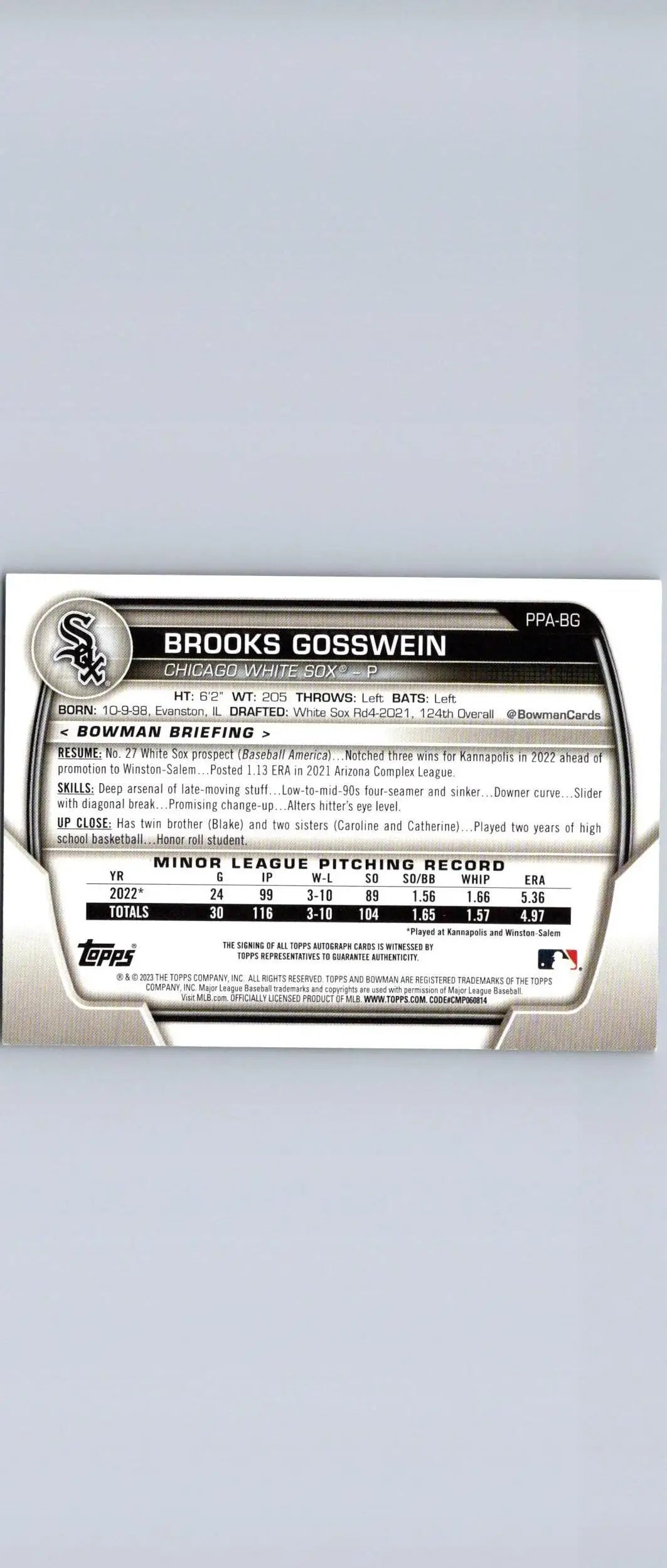 Baseball card back of 2023 Bowman Brooks Gosswein Prospects Autographs