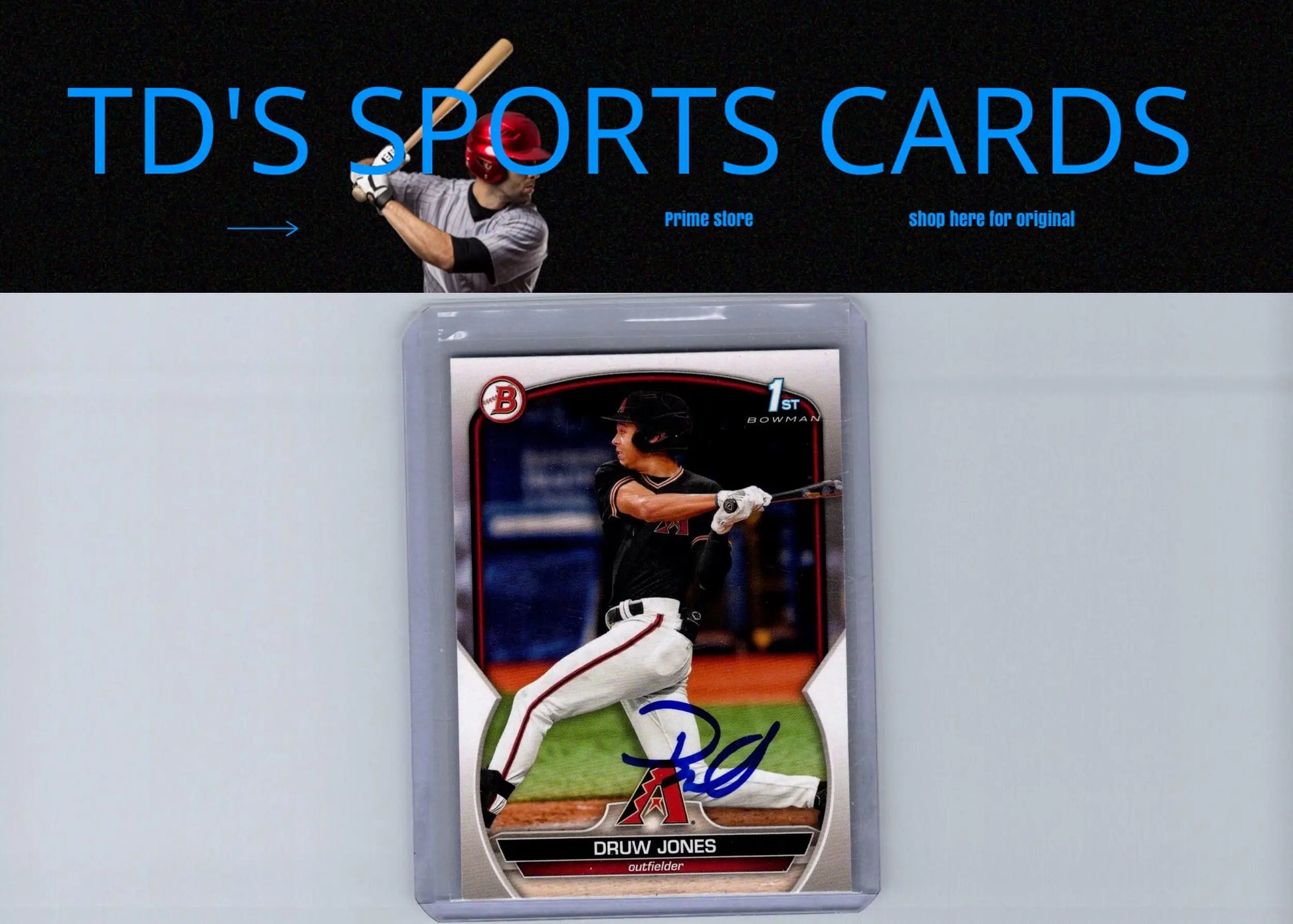 Signed baseball card of Druw Jones from 2023 Bowman Jones Prospects Autographs