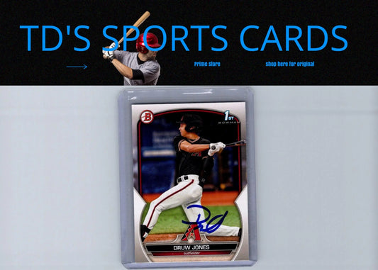 Signed baseball card of Druw Jones from 2023 Bowman Jones Prospects Autographs