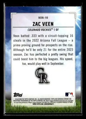 2023 Bowman #SOS-10 Zac Veen Sights on September - Baseball Card Single