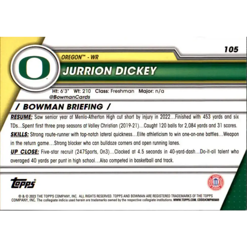 2023 Bowman University Chrome #105 Jurrion Dickey NM-MT Oregon Ducks Football Card - Football Card Single