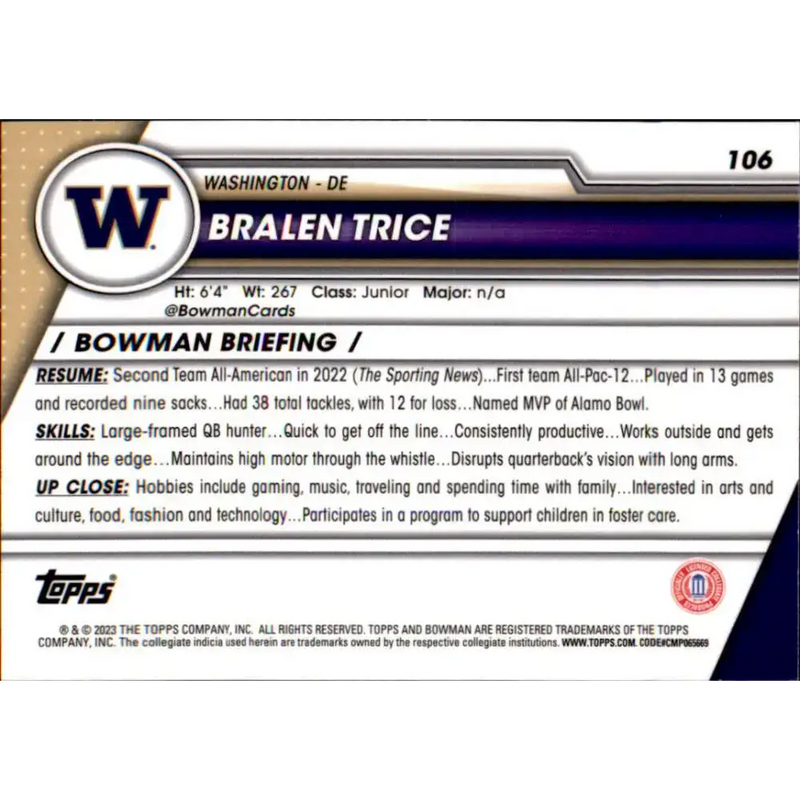 2023 Bowman University Chrome #106 Bralen Trice NM-MT Washington Huskies Football Card - Football Card Single