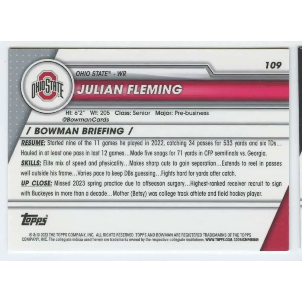 2023 Bowman University Chrome #109 Julian Fleming NM-MT Ohio State Buckeyes Football Card - Football Card Single